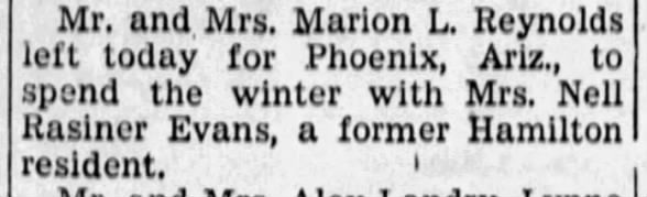 Marion L. Reynolds and Josephine Reynolds To Spend Winter In Phoenix, Arizona